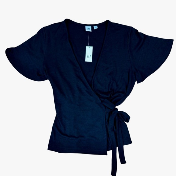 GAP Tops - NWT GAP Short Sleeve Wrap‎ Top Black Tie Front Sz XS Minimalist Basics Cottage